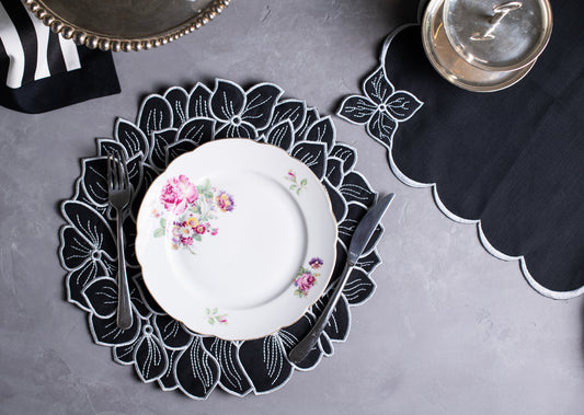 BLACK PEONY COLLECTION SET OF; PLACEMAT, NAPKIN, COASTER - LEA Home Stories International