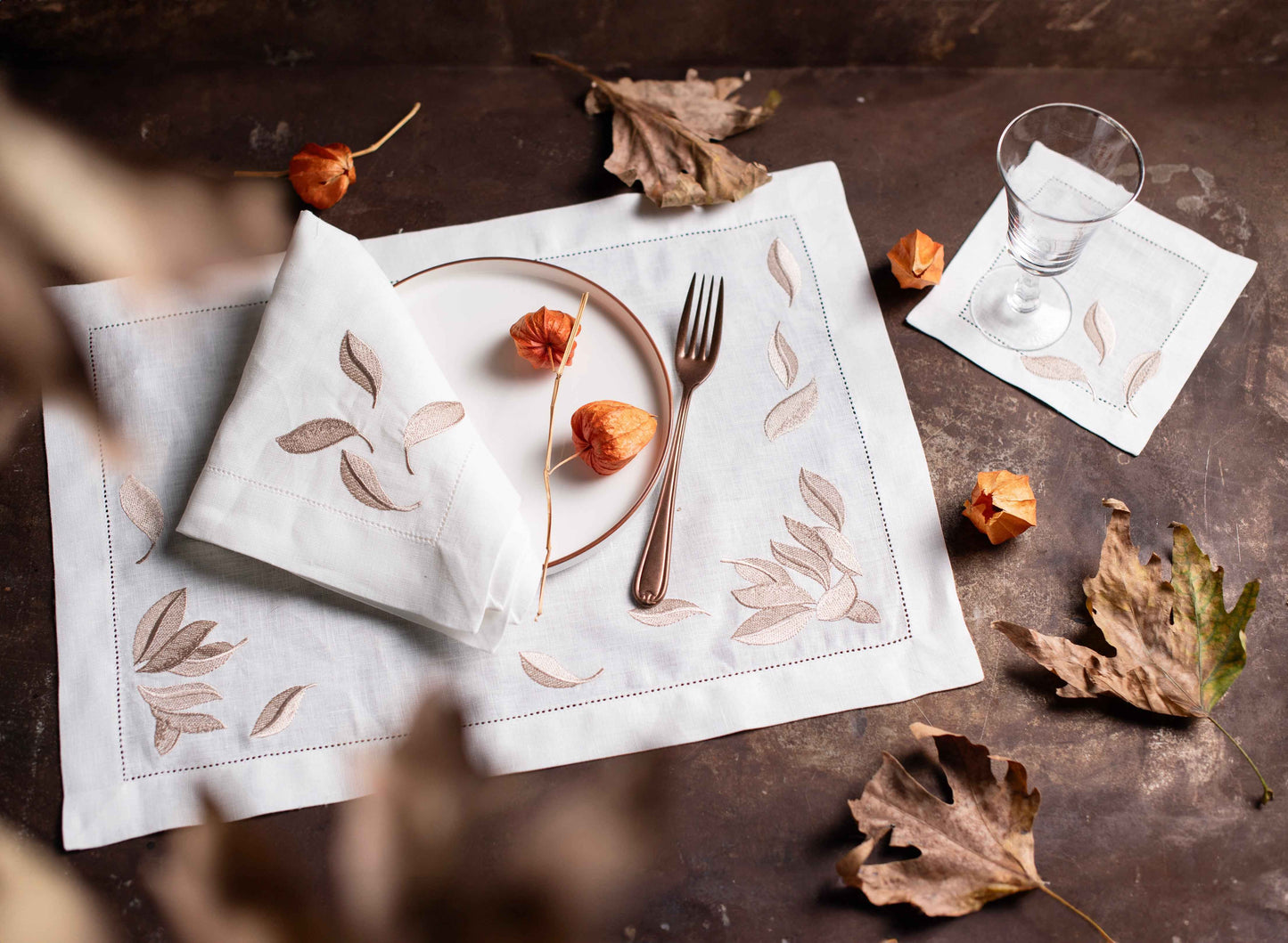 Pure Linen Leaf Collection Set of 2 (2 Placemat , 2 Napkins, 2 cocktail napkins)