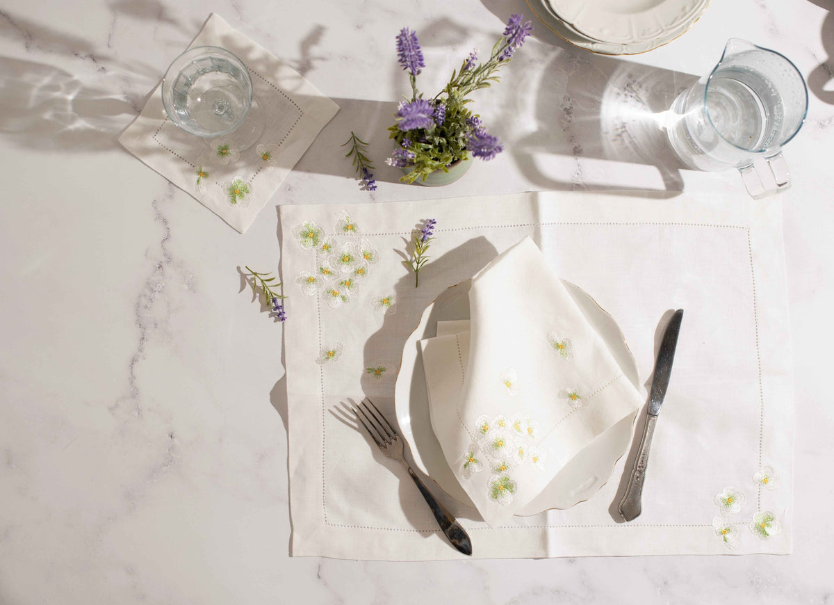 Pure Linen Green Garden Collection  Set of 2 (2 Placemat , 2 Napkins, 2 cocktail napkins)