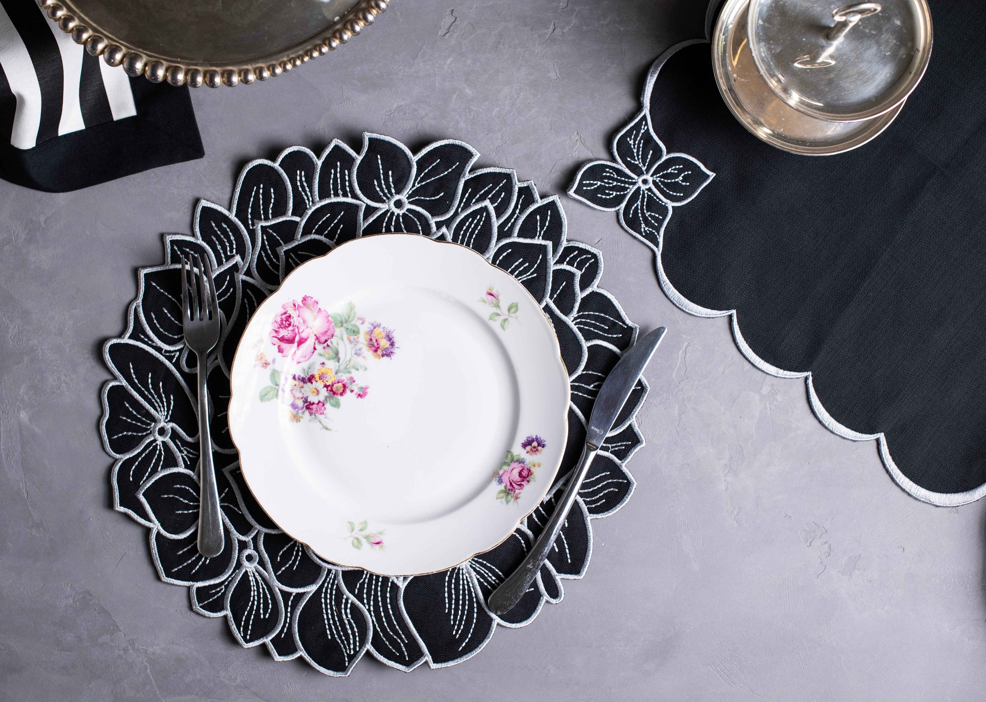 BLACK PEONY COLLECTION SET OF; PLACEMAT, NAPKIN, COASTER