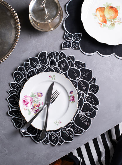 BLACK PEONY COLLECTION SET OF; PLACEMAT, NAPKIN, COASTER