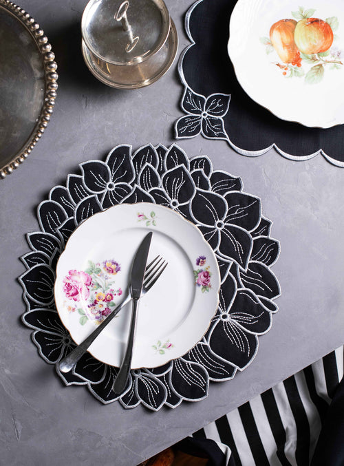 BLACK PEONY COLLECTION SET OF; PLACEMAT, NAPKIN, COASTER