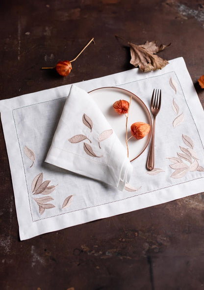 Pure Linen Leaf Collection  Set of 2 (2 Placemat , 2 Napkins, 2 cocktail napkins)