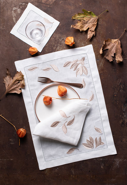 Pure Linen Leaf Collection  Set of 2 (2 Placemat , 2 Napkins, 2 cocktail napkins)
